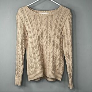 Lands' End Drifter Cable Knit Sweater Tan Cotton